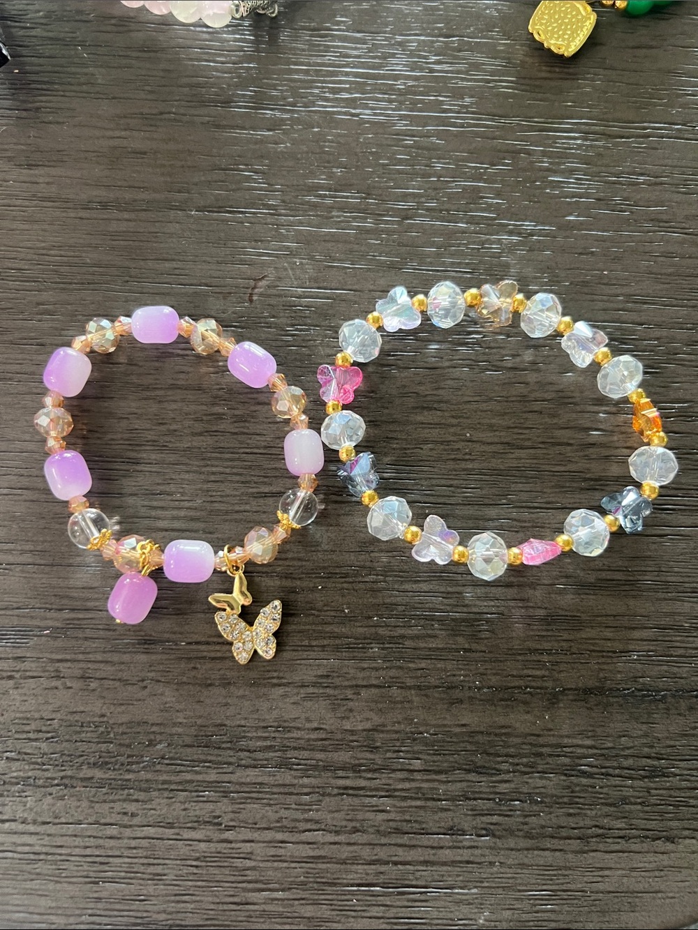 Gold-Accented Purple Beaded Bracelet with Butterfly Charm (Set of 2 bracelets)